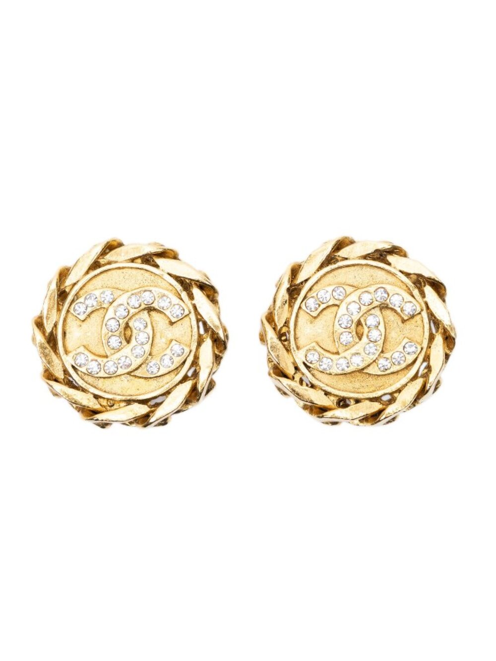 Chanel CC Rhinestone Chain Clip on Earrings Gold Plated